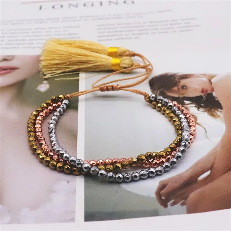 ALIYA Hematite Stone Bracelets For Men Women Jewelry Multilayer Beaded Pulsera Luxury Adjustable Jewellery Tassel Bracelet