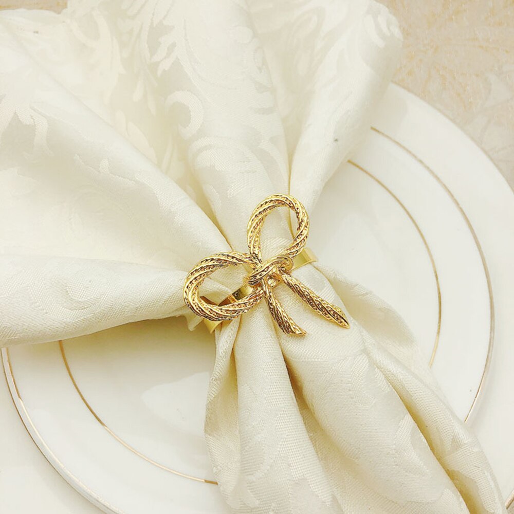 Servilletas y anillo con lazo para en casa, servilletas plateadas y doradas, recepciones de boda