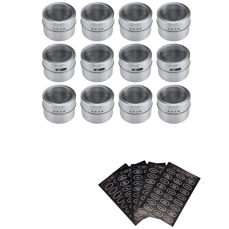 Magnetic Stainless Steel Spice Jars Tins Set with Clear Lid Labels Sticker Seasoning Pepper Spice Storage Container Jars: 12 pcs