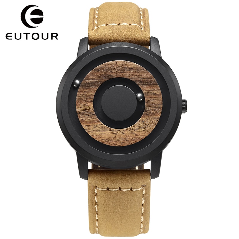 Echt houten horloge met houten wijzerplaat, herenhorloges, magnetische magneet, metalen bal, eutour merk heren retro quartz horloge, herenhorloge, saat reloj