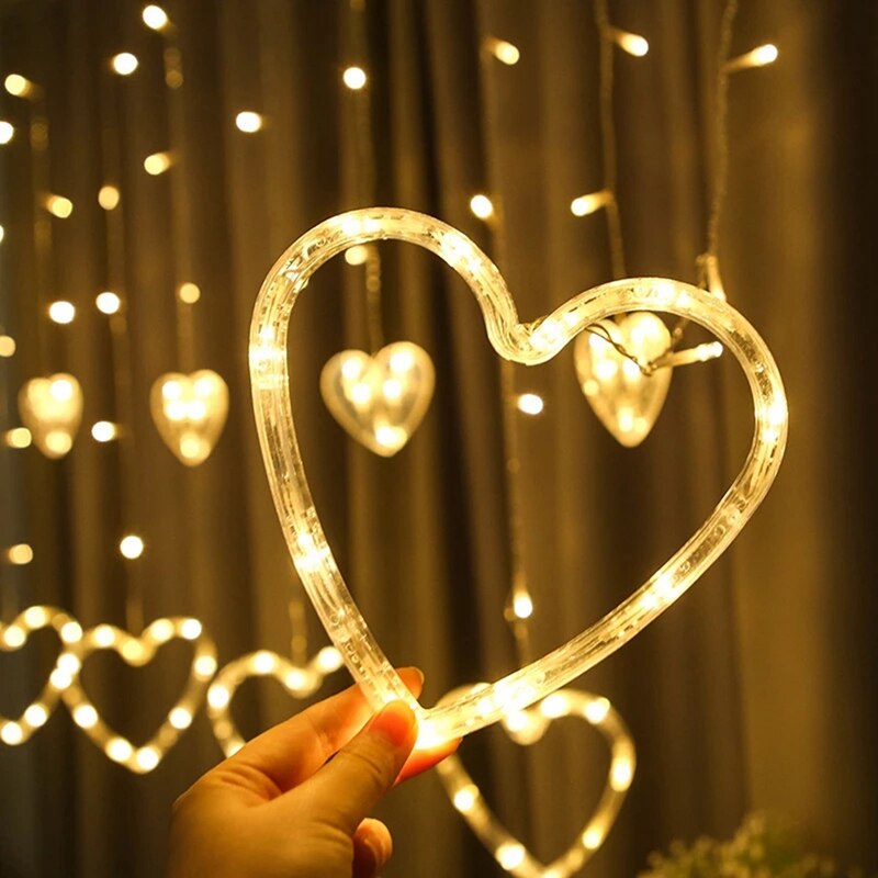 Cortina de luces LED con forma de corazón, tira de luces de 2,5 M impermeables para exteriores, dormitorio, en casa, decoración de boda, enchufe europeo, 12 Uds.