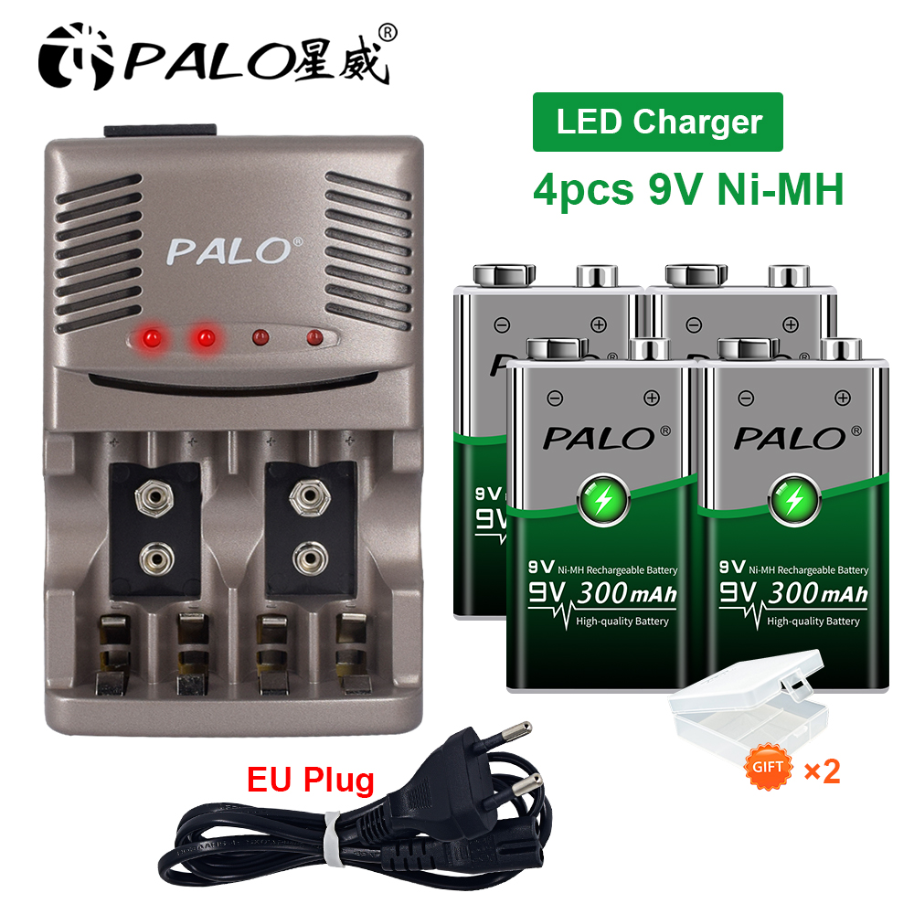 PALO 9v 6F22 300mAh Ni-MH NiMH 9 Volt Rechargeable Batteries + Charger For 6F22 9V NiCd NiMh Li-ion Rechargeable Batteries: Blue