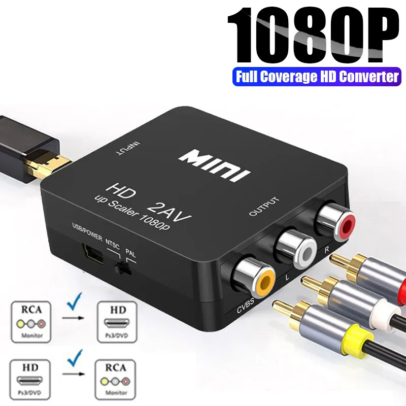 Adaptador de escalador de vídeo compuesto, 1080P, HDMI, compatible con AV, caja RCA AV a HDMI, adaptador de escalador de vídeo CVSB L/R