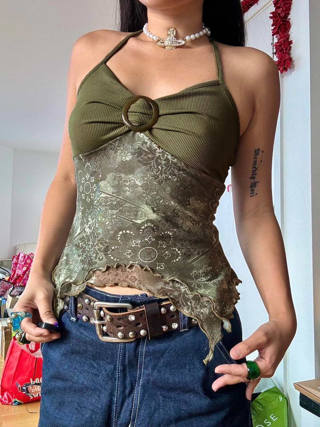 Sweetown-camisola Retro verde bosque con estampado Vintage para mujer, camisola bohemia Y2K con Espalda descubierta, Tops asimétricos con lazo Halter, ropa para vacaciones de verano