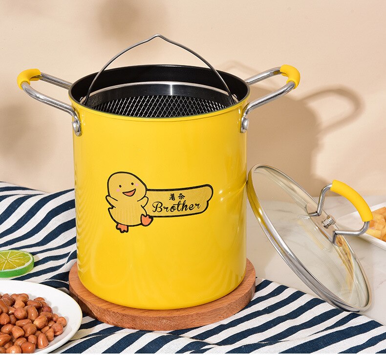 Multifunctional Deep Fryer Frying Pan with Strainer Japanese Style Mini Fryer Yellow for Gas Stove Induction Cooker