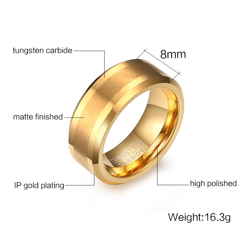 Vnox Real Tungsten Rings for Men Jewelry Gold Color Male Wedding US Size 7 8 9 10 11 12