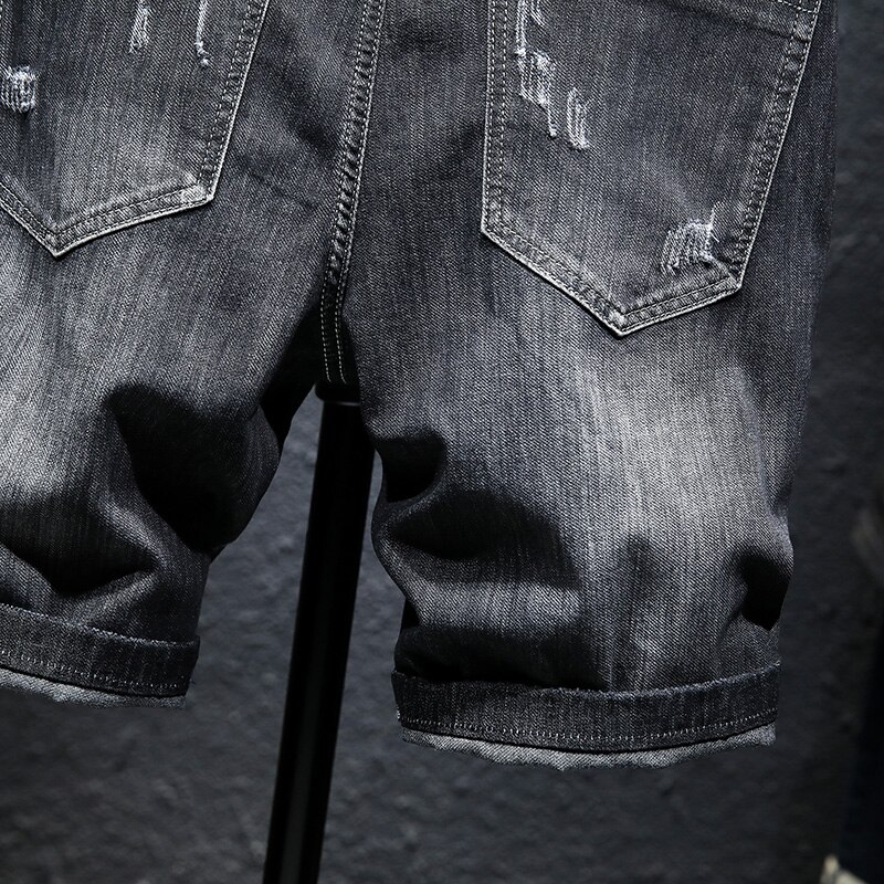 Mænd sommer denim shorts knælang vaskede cool jeans shorts sort hul afslappet mænd jeans shorts