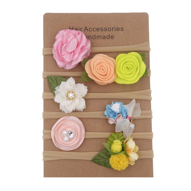 6 stk/sett blomst baby pannebånd nylon elastisk nyfødt barn pannebånd hårbånd for jenter turban perler baby hår tilbehør: 05
