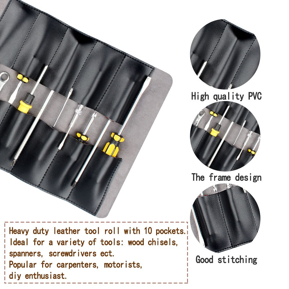 Tool Roll Leather Bag Pouch 10 Pockets Multi Purpose Organizer Wrap For Woodworking Plier Spanner Wrench Leather Tool Pouch