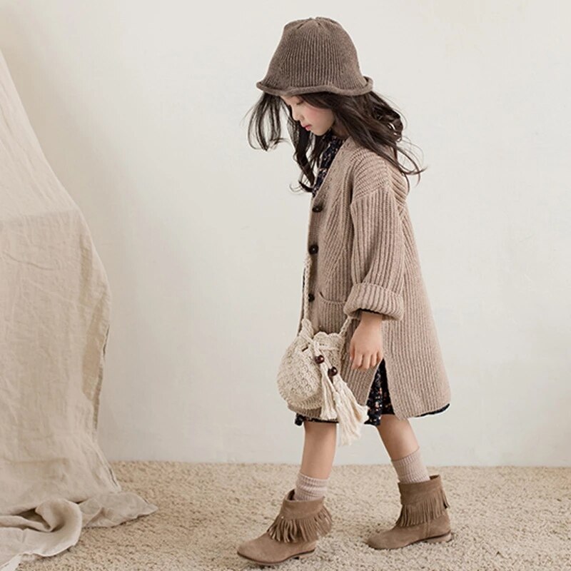 Girls Sweater Jacket Spring Children Long Sweater Autumn Baby Tops Kids Outerwea Cardigan Toddler Single Breasted Coat