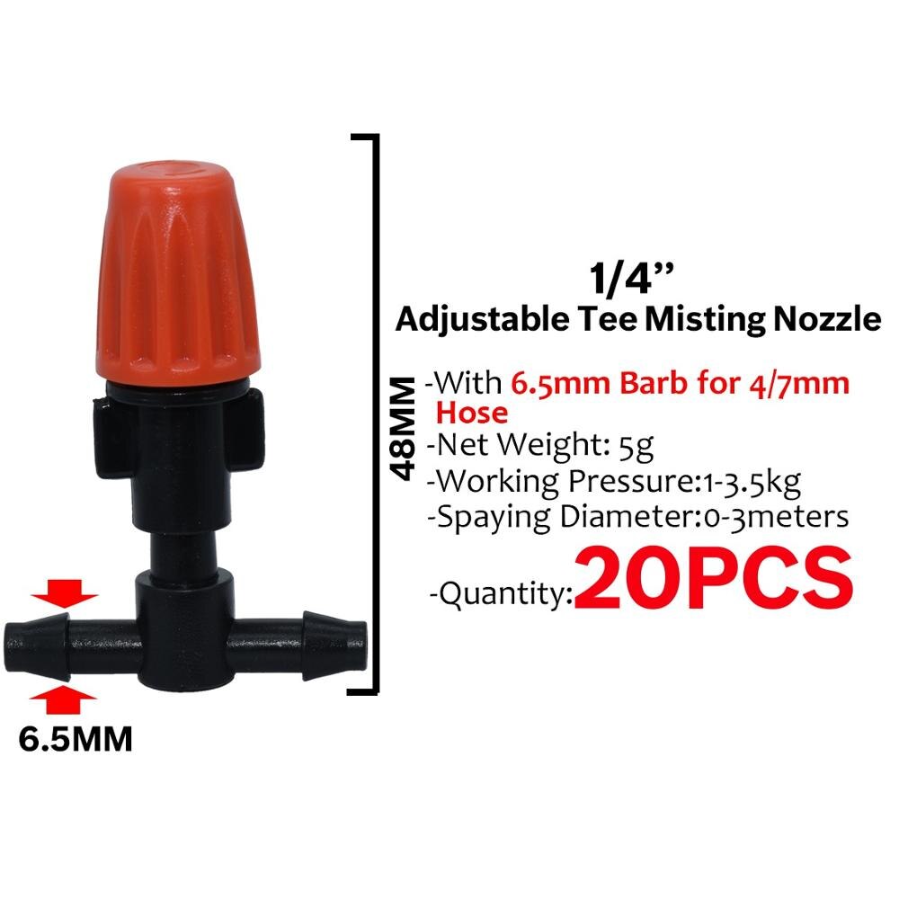 Kesla 20 stk justerbar misting dyse gevind barb barb tee have vanding vandings sprinkler til 4/7mm 1/4 '' pe pvc slangeslange: Ksl 01-003-20 stk