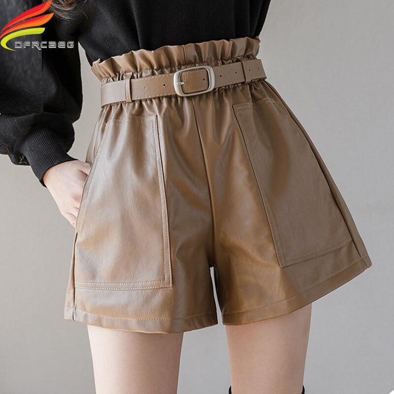 Kaki Of Zwart Lederen Shorts Vrouwen Herfst Winter Hoge Elastische Taille Wijde Pijpen Zakken Vrouwen Shorts Met riem: Khaki / XL