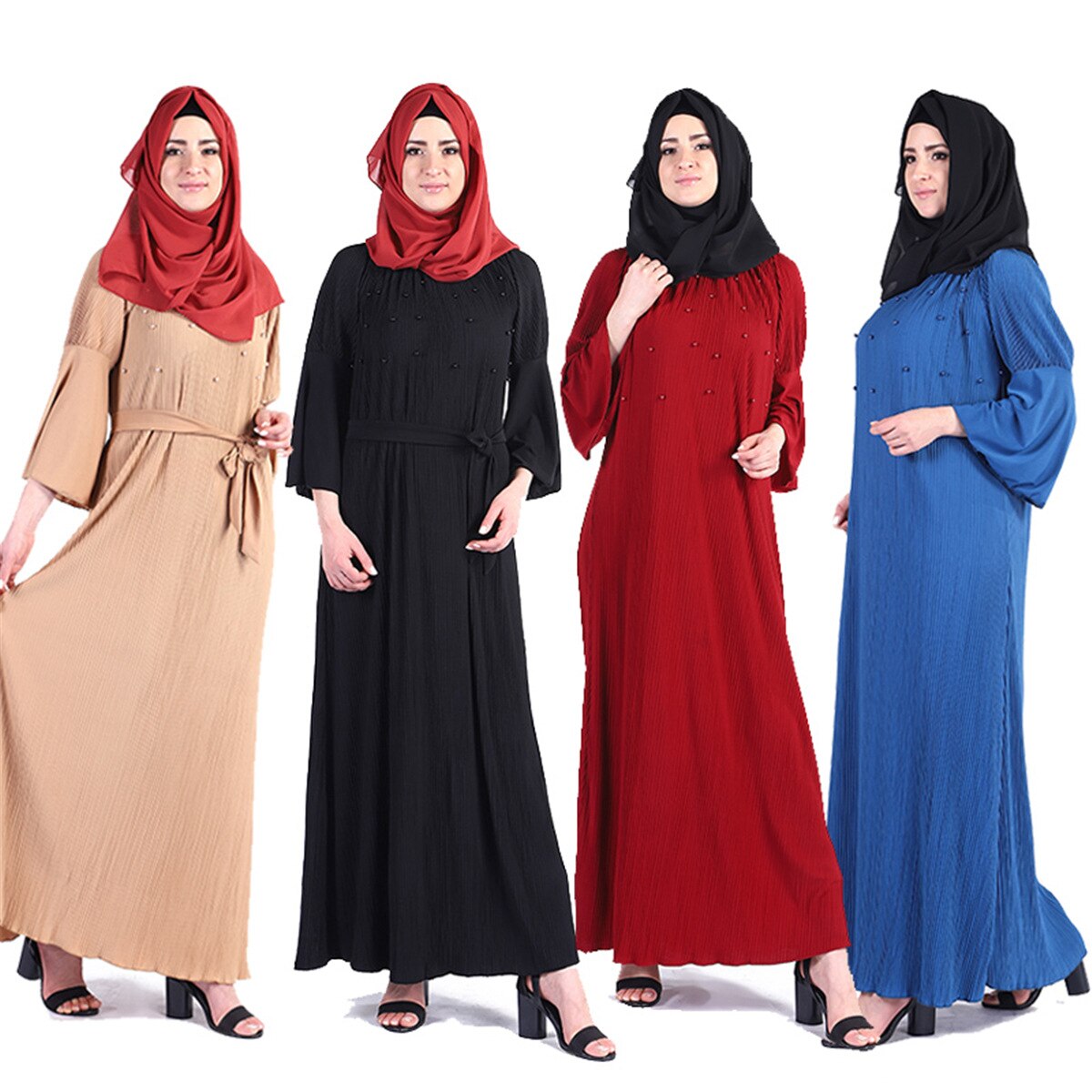 Blauw Zwart Kaki Maroon 142cm Lange Abaya Gebreide Elastische Materiaal Moslim Jurk