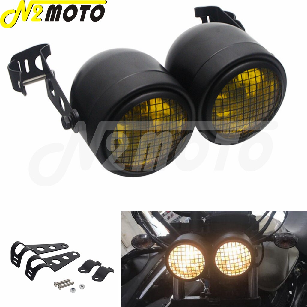 Grill Objektiv Scheinwerfer Vorne Kopf Lampe + Halterung Doppel Runde H4 Beleuchtung Für Zerhacker Harley Suzuki Honda