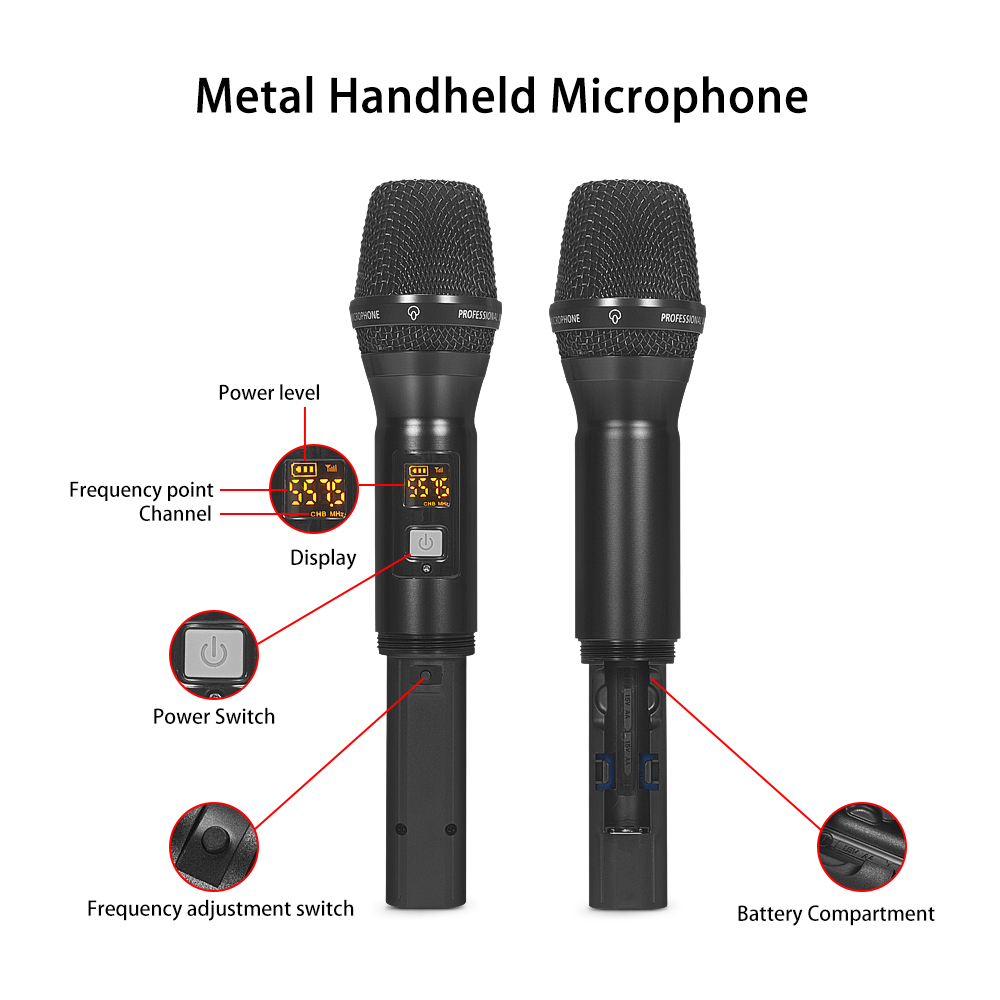 EYK EW201 UHF Wireless Microphone with Metal Karaoke Handheld Mic Rechargeable Lithium Battery Receiver for Speech Party Church
