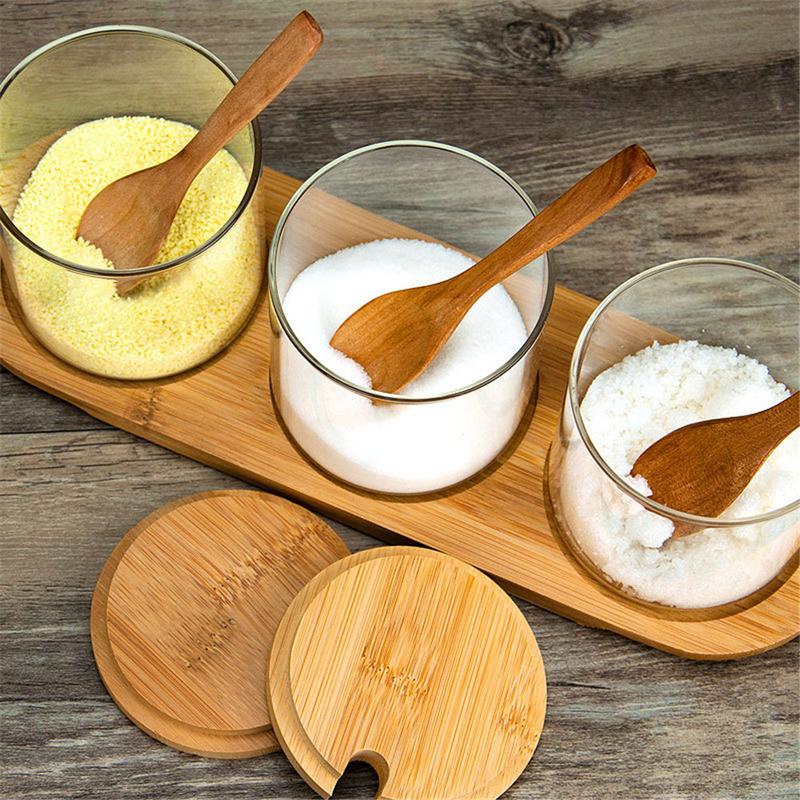 1 Sets Seasoning Box Kitchen Spice Rack Spice Pots Storage Container Salt Pepper Cumin Powder Condiment Jars Wooden Spoon Cover