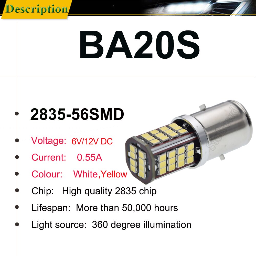Paar LED Motorrad Scheinwerfer 2835 56SMD BA20S Auto Auto Rolle ATV Moped LED Kopf Glühbirne Weiß 6000K Gelb bernstein 6V 12V DC