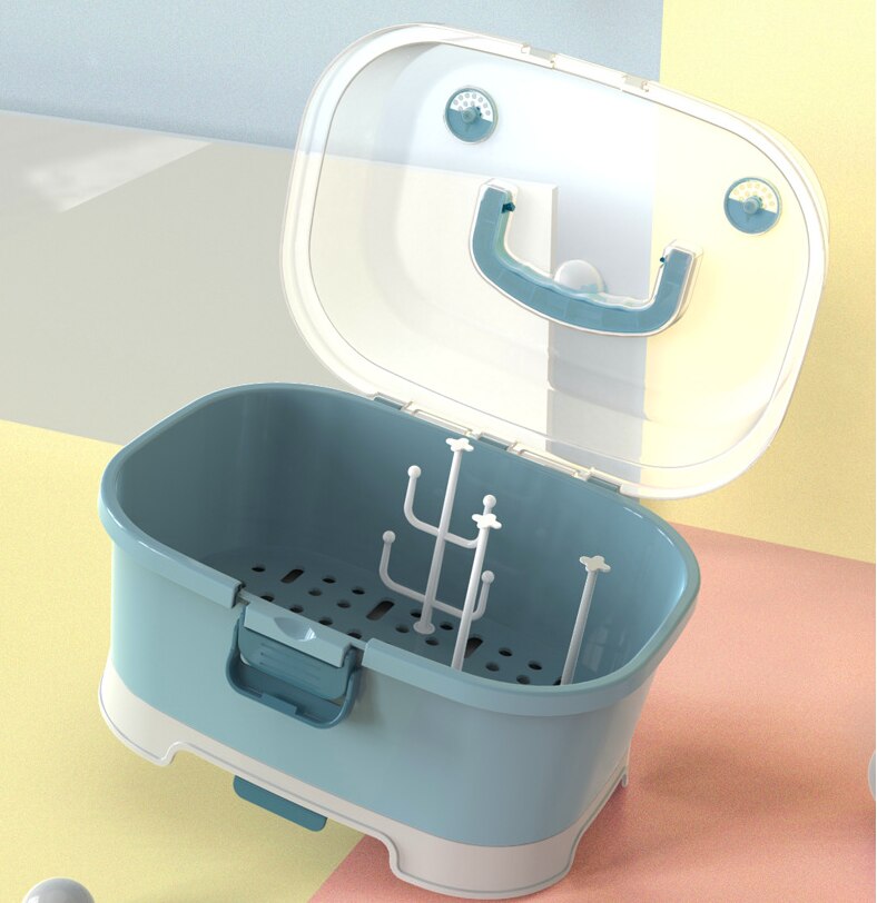 Food-Grade Plastic Milk Bottle Storage Box Bottle Drying Rack with Dustproof CoverBaby&#39;s Tableware Storage Boxes: Blue