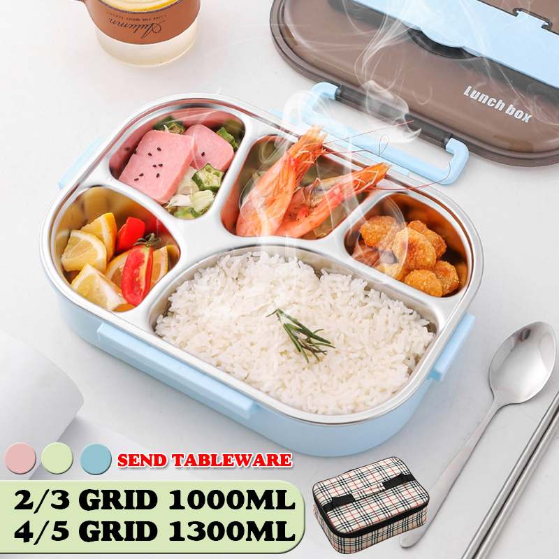Portable Leakproof Lunch Box Compartments 304 Stainless Steel Lunchbox Office School Kids Bento Box with Spoon and Bag