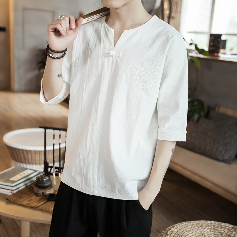 traditional mens chinese clothing men cheongsam shirt kung fu v neck tang chinese style loose and suit hanfu hommes: color1 / M