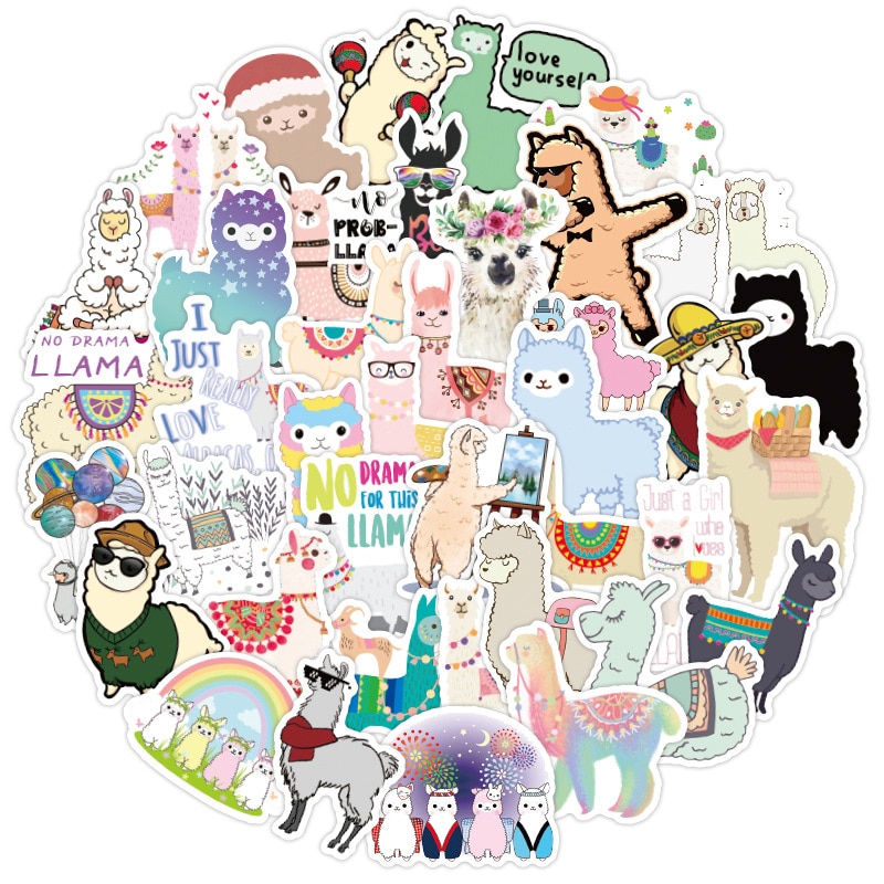 50 Stks/pak Leuke Cartoon Alpaca Waterdichte Label Stickers Voor Koelkast Auto Helm Diy Geschenkdoos Fiets Notebook Skate Kofferbak