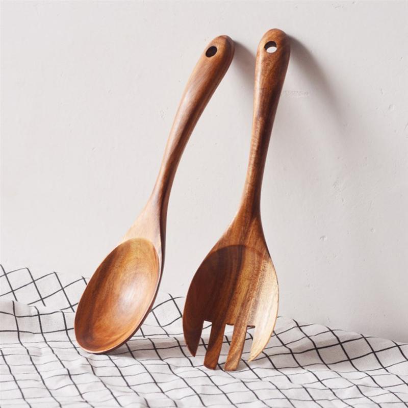 Cocina Natural cuchara de madera ensalada cena servir cucharas servidor tenedor de madera juego de vajilla cuchara utensilios de madera vajilla
