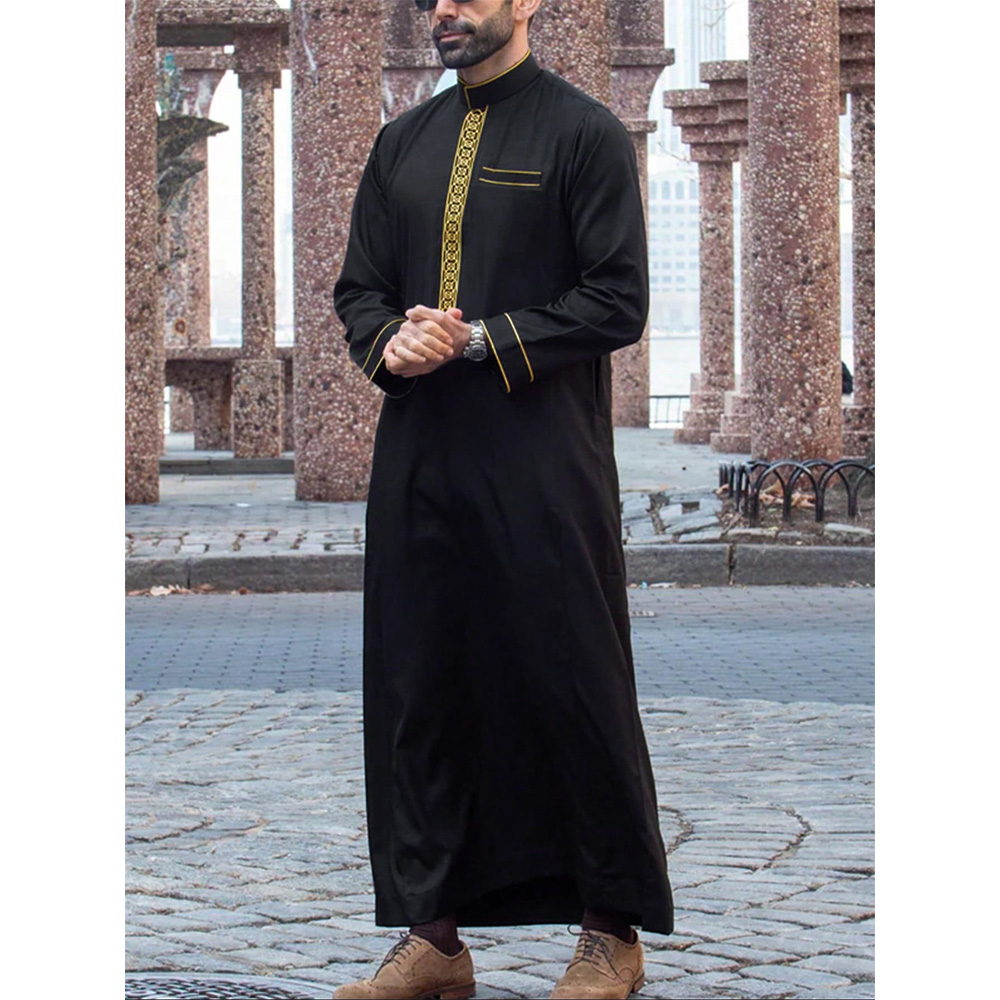 Robe longo masculino estilo étnico muçulmano, popular, elegante e luxuoso, bordado, preto, longo, casual, solto, masculino