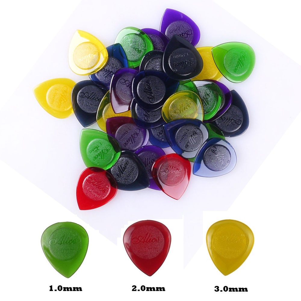 30 st alice gitarr bashackar hållbara genomskinliga ren färg vatten plectrum mix 1.0mm 2.0mm 3.0mm tjocka gitarrdelar