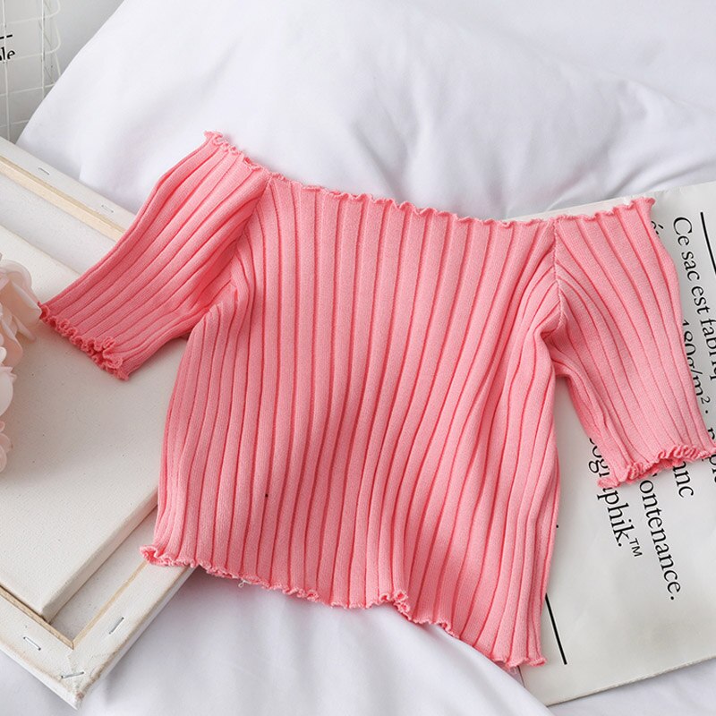 Kvinnor t-shirt off shoulder stickad crop tops kvinnor solida kortärmade smala t-shirts kvinnor sommar