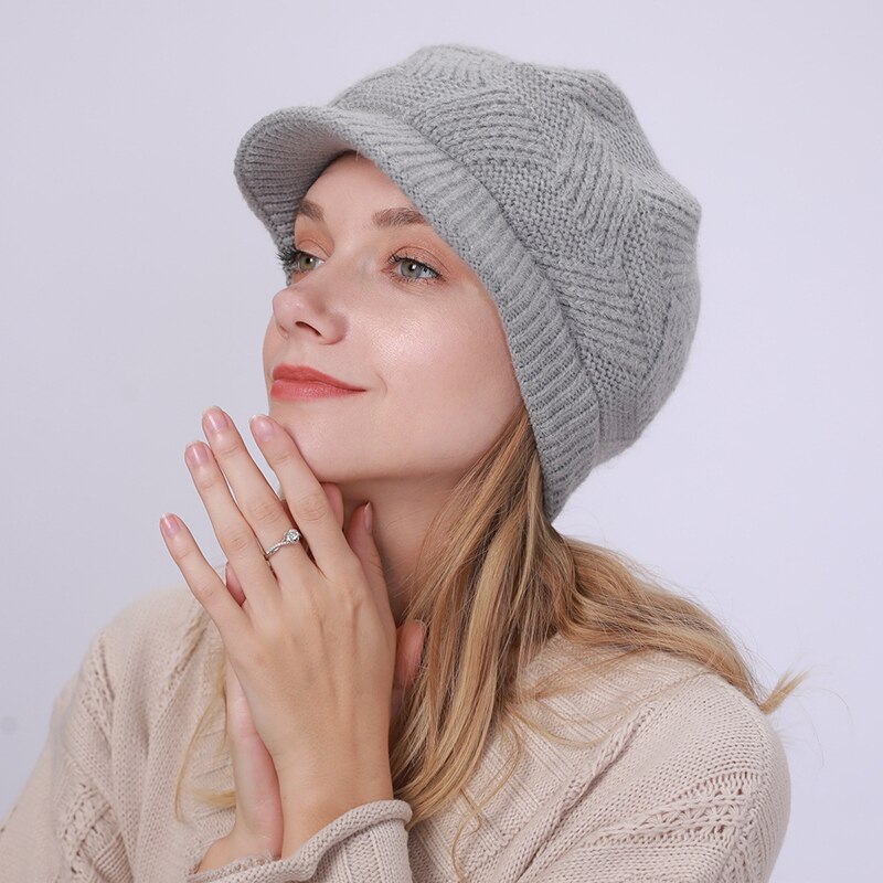 Gorro de punto para mujer, boina de lana de conejo cálida de terciopelo, informal, de , Color sólido, 10 colores, Otoño e Invierno