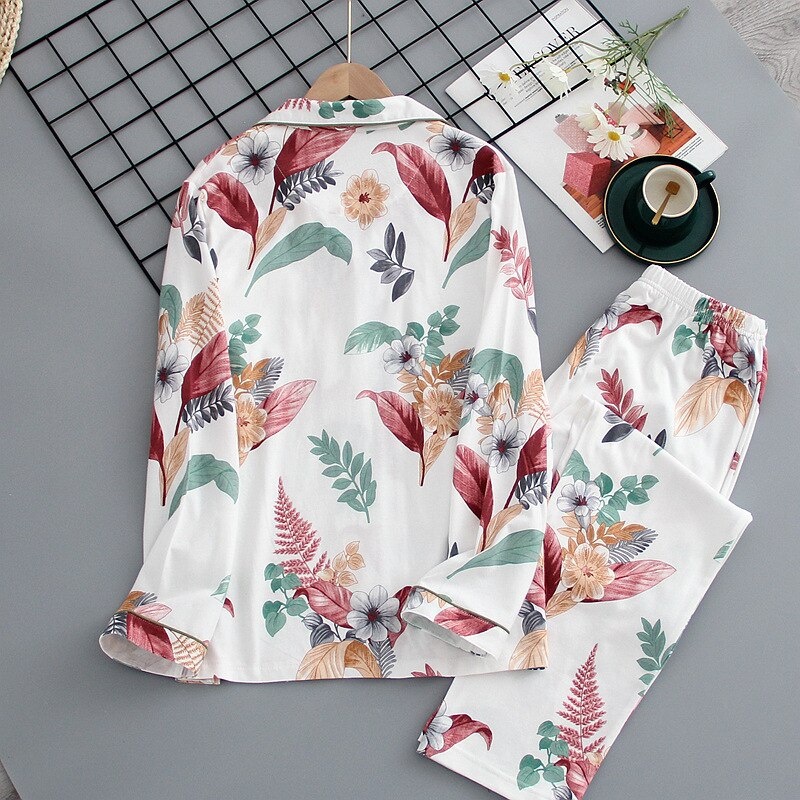 Dames katoenen zachte comfortabele turn-down kraag nachtkleding dames 2- delige pyjama pakken dames bedrukte elasticiteit taille homewear