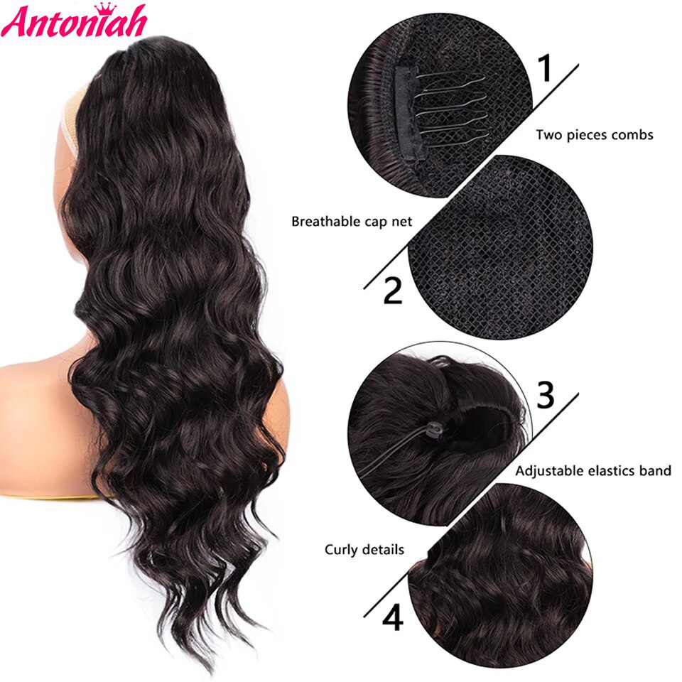 Antoniah Long Wavy Drawstring Ponytail Clip in Ponytail Extensions Black Wrap Around Ponytail Synthetic Hairpiece for Women
