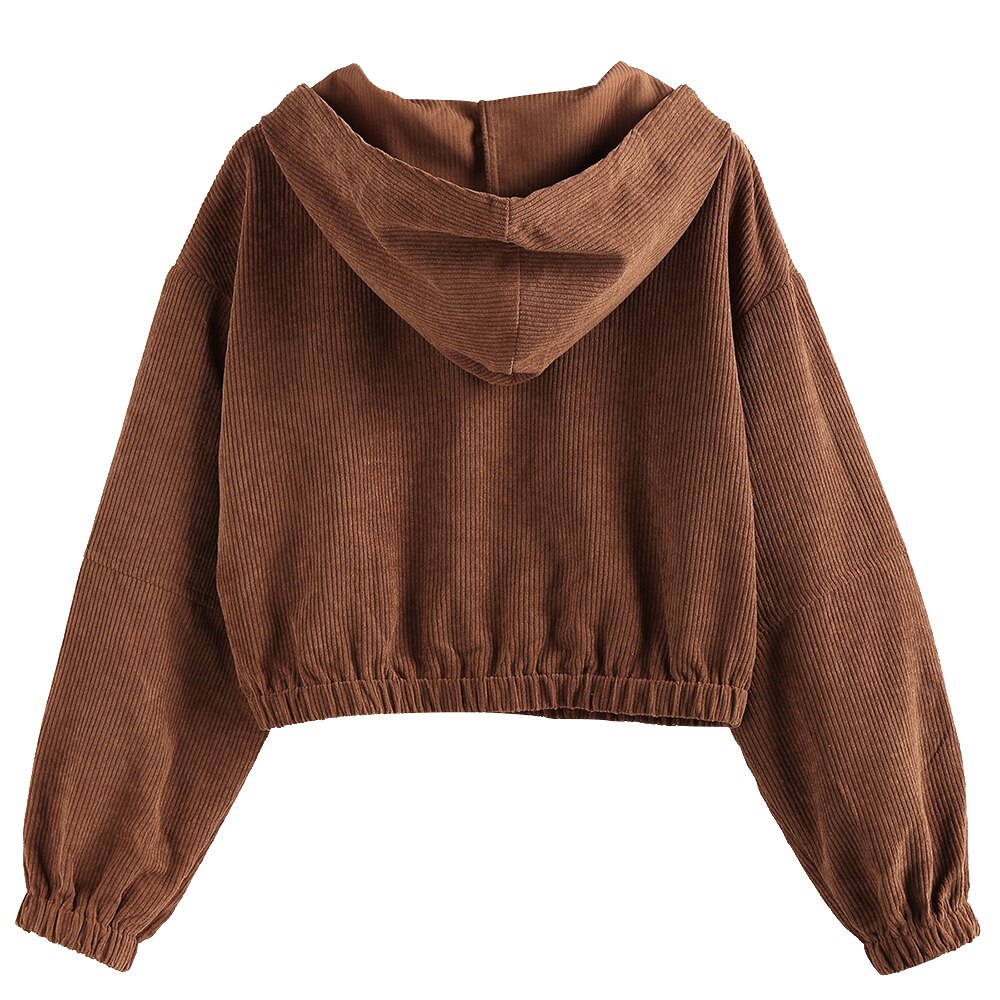 ZAFUL-abrigos cortos de pana para mujer, chaqueta con capucha de bolsillo y hombro caído, Top de manga larga sólido con cremallera, prendas de vestir para Otoño e Invierno