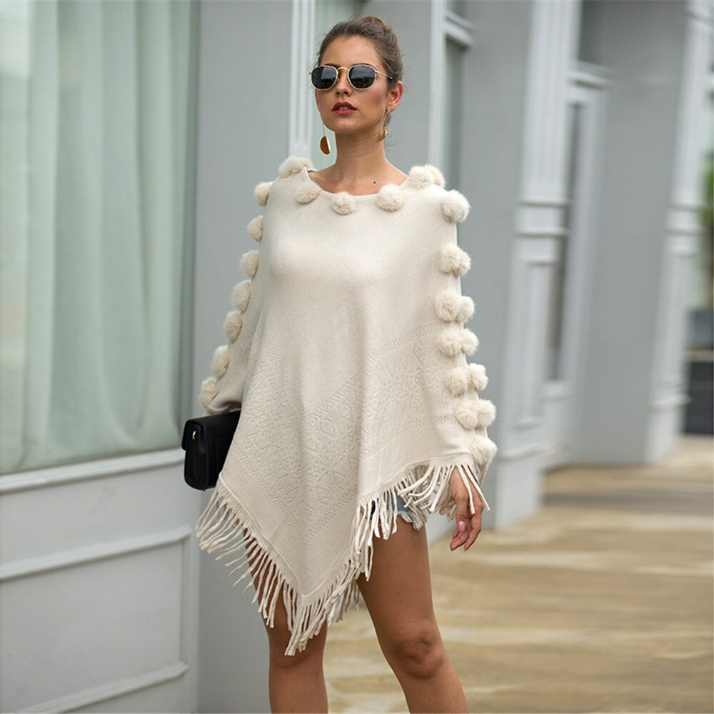 Rund hals cape poncho tröjor dam vinter stickad tofs solid hårboll capes sjal kappa ponchos elegantes höstkappa sjal