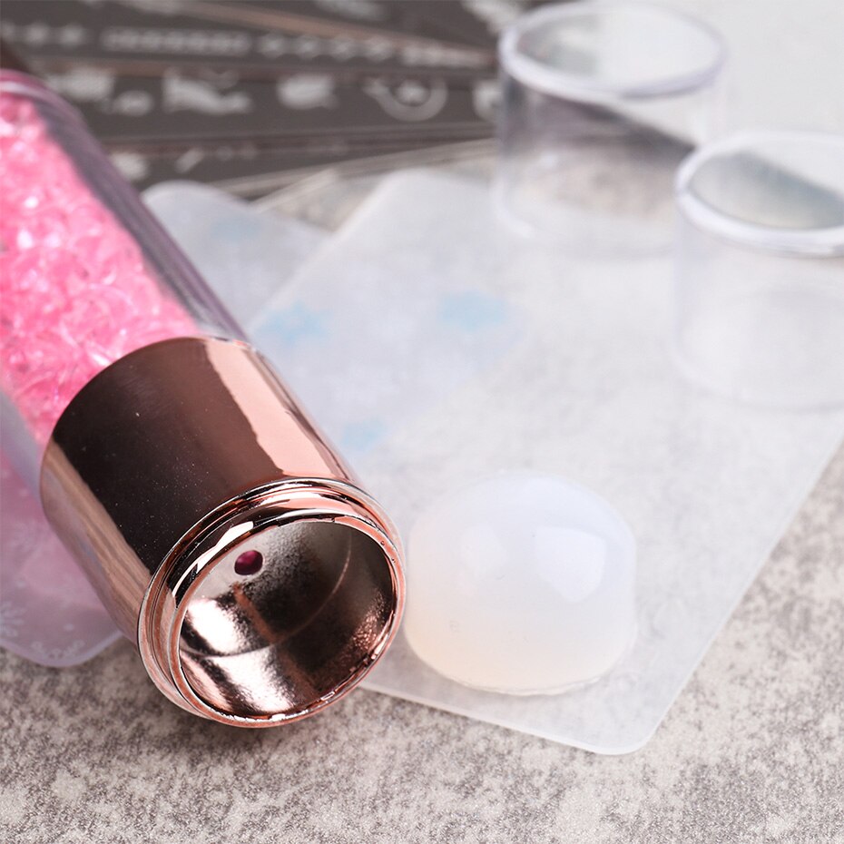 STZ 3pc Double-ended Silicone Nail Stamper with Crystal Rhinestone Handle Transparent Jelly Template Stamping Tool Scraper #1836