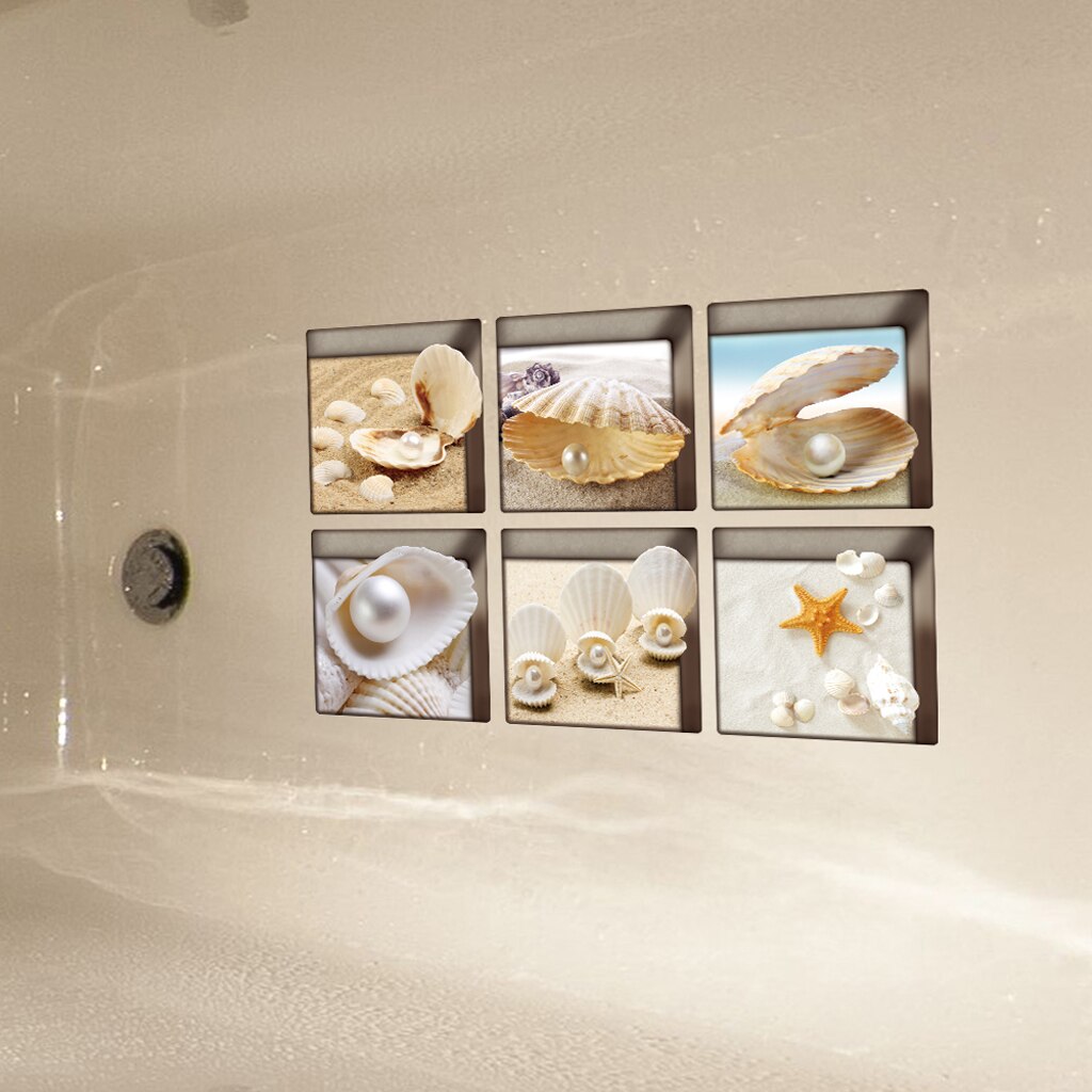 Adesivos 3d antiderrapantes para banheira, 6 peças, apliques, para banheiro, decoração de casa, pvc, à prova d'água: Shells