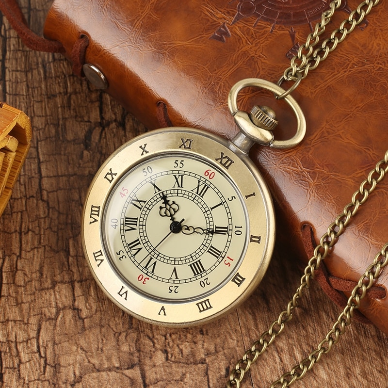 Eenvoudige stijl steampunk beige wijzerplaat kleine antieke bronzen romeinse cijfers wijzerplaat quartz zakhorloge ketting hanger heren dames