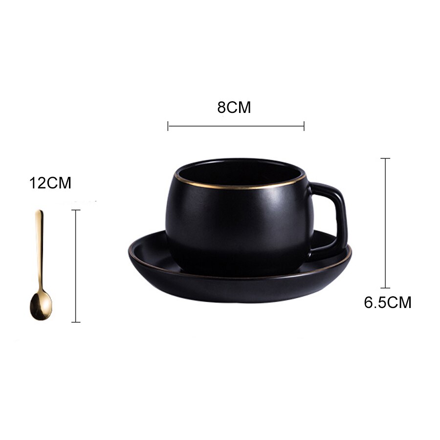 Ceramic Coffee Cup and Saucer Black Pigmented Porcelain Tea Cup Set with Stainless Steel 304 Spoon