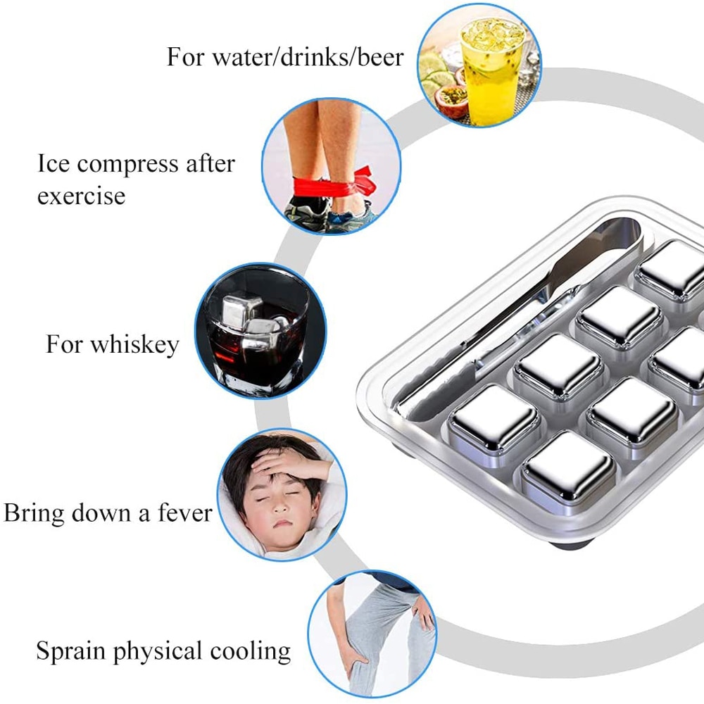 Juego de cubitos de hielo de piedras para Whisky, Cubo de enfriamiento de vino de acero inoxidable de grado alimenticio reutilizable, herramienta de Bar para , cubo de hielo inoxidable