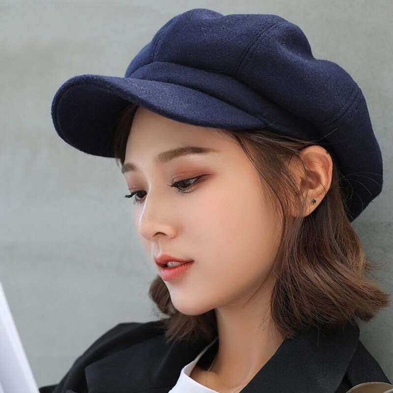 Newsboy-boina de pintor para mujer, gorro retro de estilo británico, color sólido octogonal, gruesa, cálida, visera, Otoño e Invierno