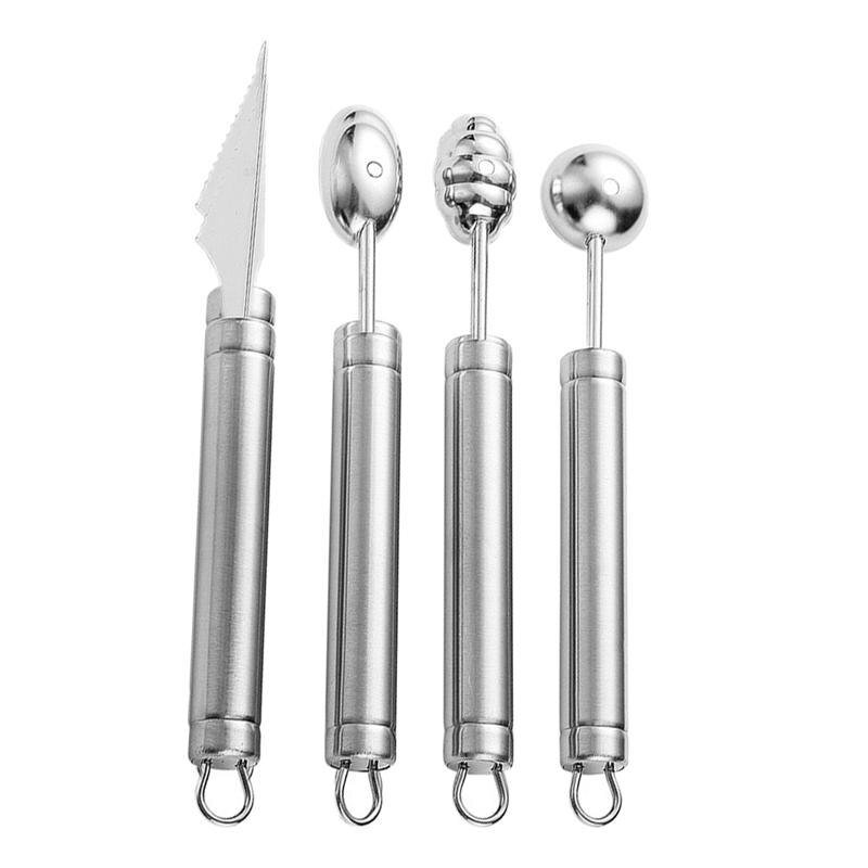 4Pcs Fruit Ball Spoons Stainless Steel Melon Ball Spoons Fruit Baller Scoops Kitchen Tool Fruit Carving Knife Ball Scoop: Silver