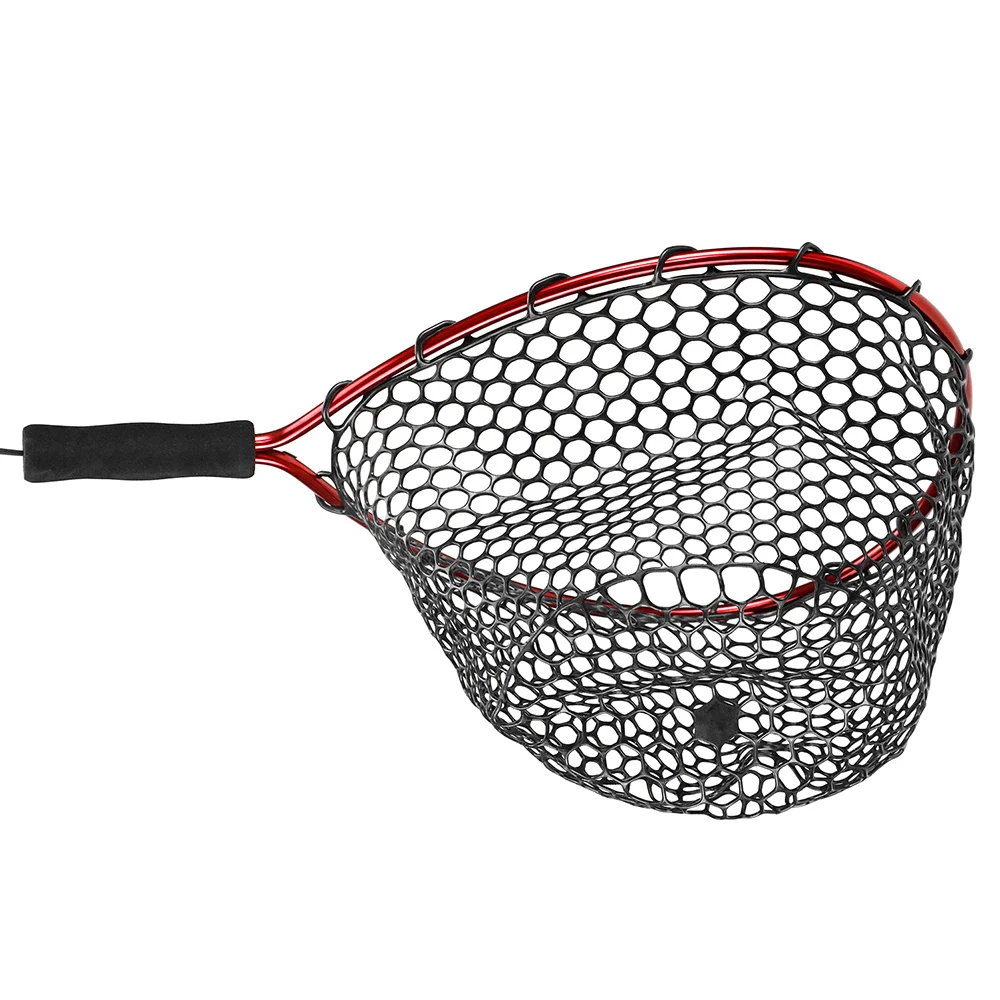 Red de aterrizaje de pesca de silicona suave, herramientas de pesca con poste de aleación de aluminio, malla de mano pequeña, trampa de red de fundición plegable, redes de pesca: Rojo