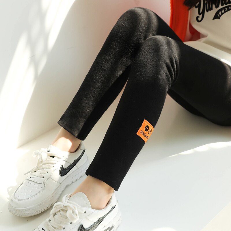 Leggings en velours épais et pour bébé fille, pantalon en coton et soie, mignon, avec visage souriant, pantalons thermiques anti-boulochage: black / 145