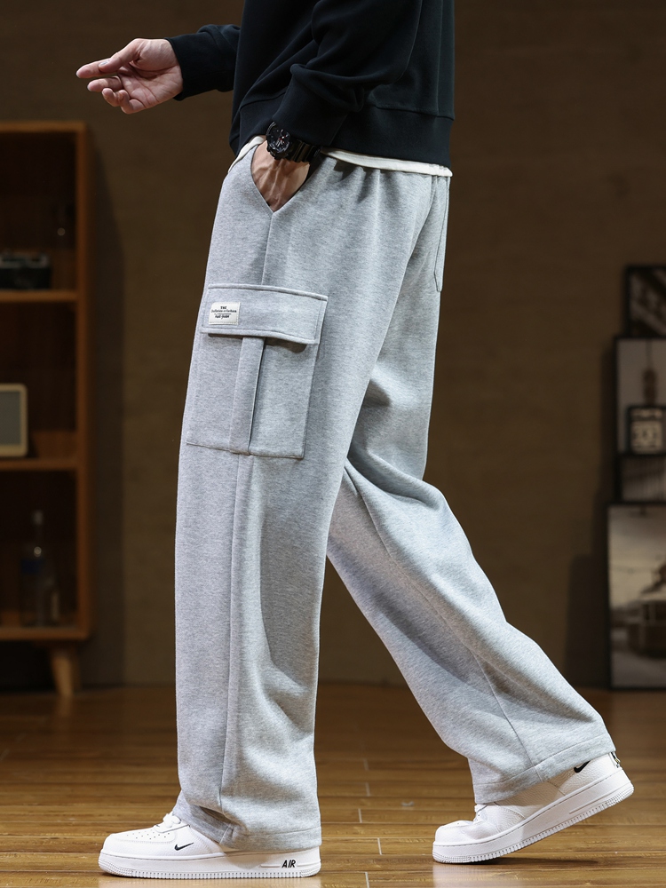 Pantalones de chándal informales de algodón con múltiples bolsillos y cordón para hombre, Pantalón recto holgado, talla grande 8XL, novedad de Otoño de 2023: XL / Gris