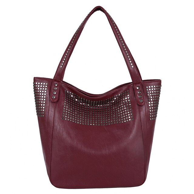 Säck stor väska klassiska nitar handväskor kända märken kvinnor axelväska casual shopping tote hög kapacitet damer crossbody väskor: Vin, röd