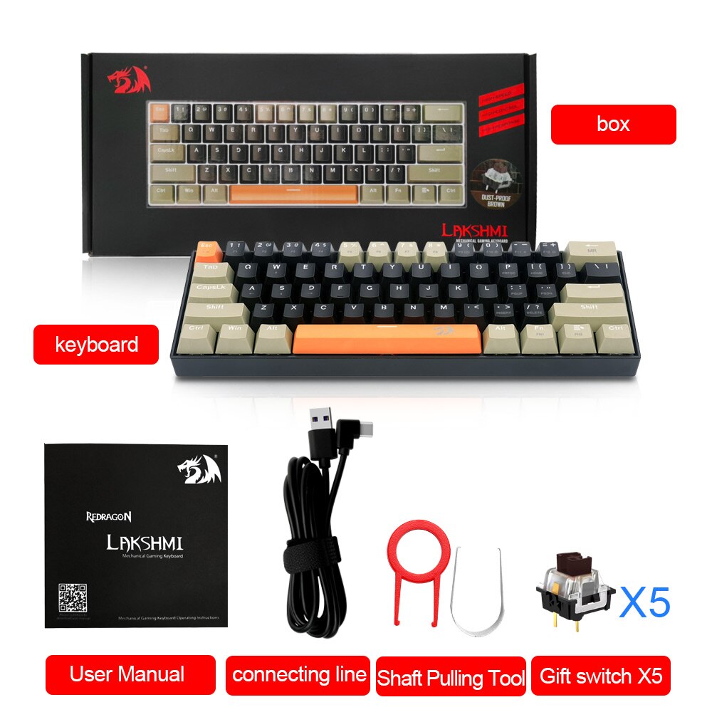 REDRAGON Lakshmi K606 USB Mechanical Gaming Keyboard Brown Switch 61 Keys Wired detachable cable,portable for travel