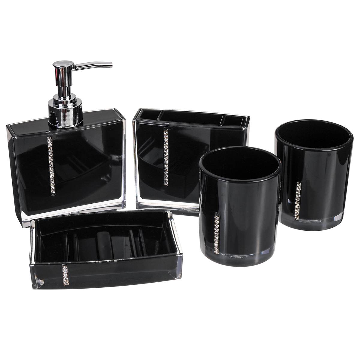 5PCS Acrylic Bathroom Accessories Set Soap Dispenser/Toothbrush Holder/Emulsion Bottle/2 Cups Purple Black Bathroom Shower Kit: Black