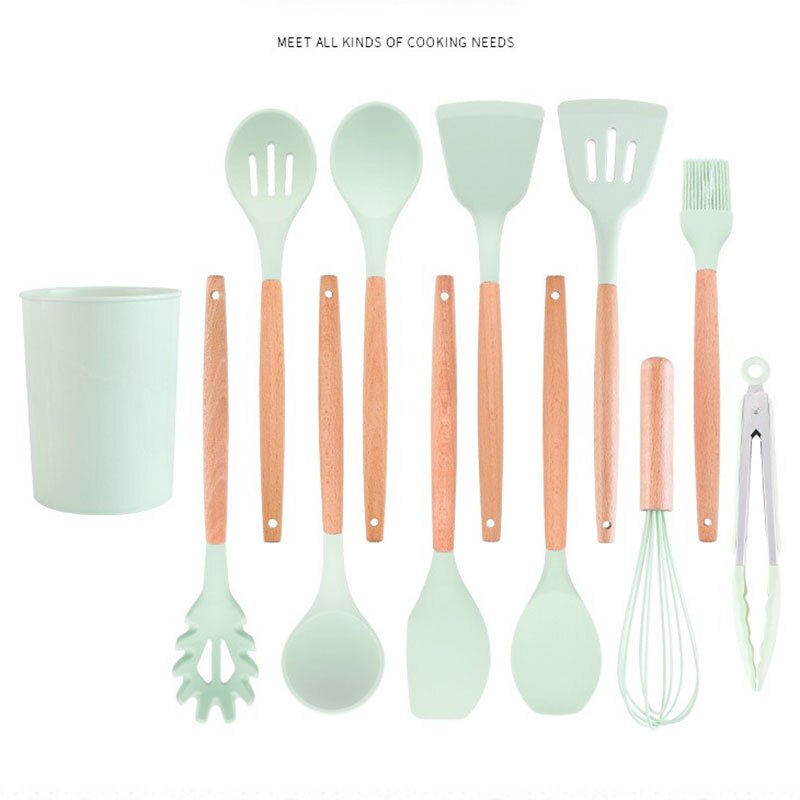 1Pc Silicone Cooking Kitchen Utensils Set Non-Stick Spatula Shovel Wooden Handle Cooking Tools Set Storage Box Kitchen Tool Set