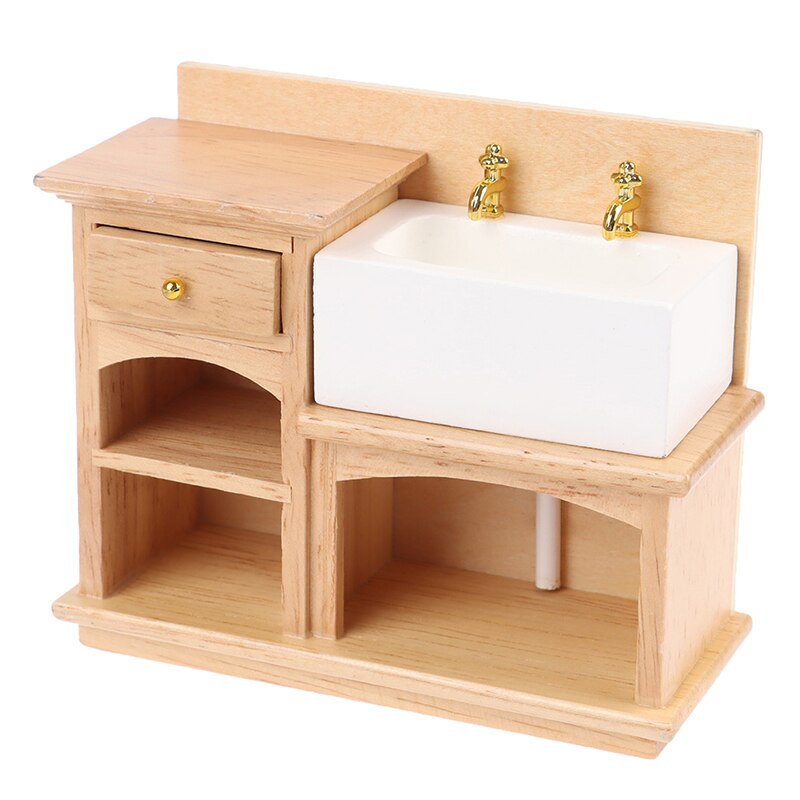 1PC 1/12 Holz Waschbecken Schrank mit Keramik Hand Waschbecken Miniatur Möbel Spielzeug für Puppenhaus Schlecht Küche Dekoration