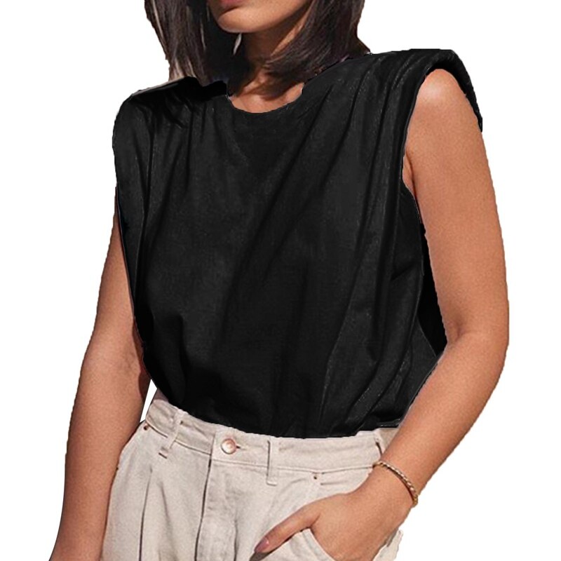 Señoras Casual suelta camisetas sin mangas cuello redondo algodón chaleco: M / Black
